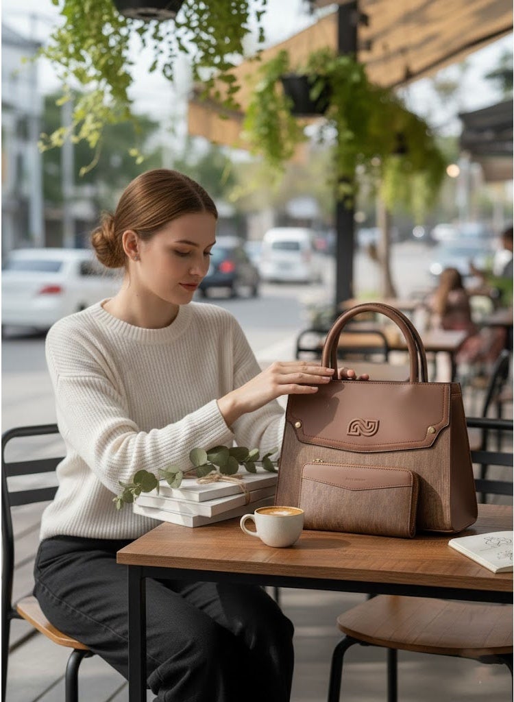 FUMES Brown Women’s Satchel Handbag with Matching Small Wallet – Structured Design, Solid Textured Finish, Elegant Office & Daily Carry Bag - Image 5